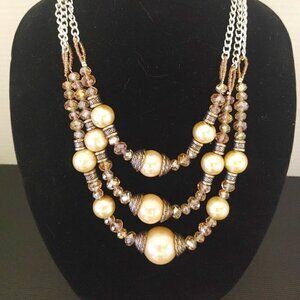 Vintage Faux Pearls & Aurora Borealis Faceted Glass Beads Necklace / 3 Strands